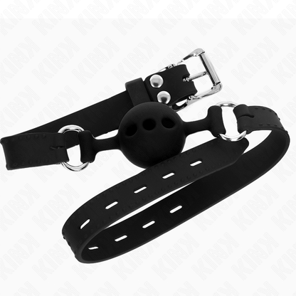 Mordaza de silicona KINK tamaño S, ajustable de 35 a 51 cm, con bola de 4 cm y correa negra para restricción de habla.