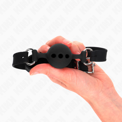 Mordaza ajustable de silicona negra KINK, tamaño S, 55x2 cm con bola de 4 cm, para restricción de la respiración y comodidad.