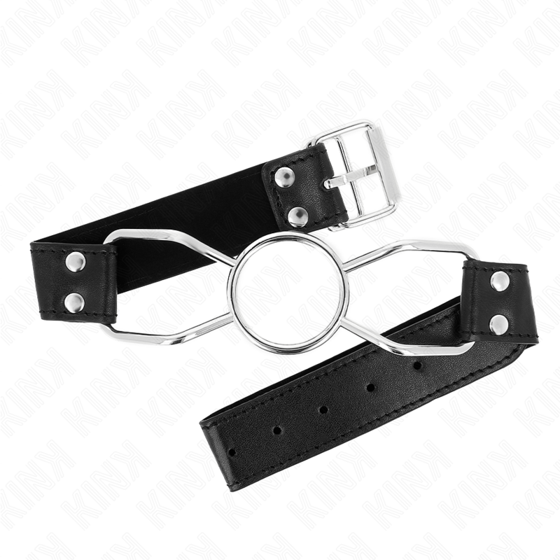 Mordaza KINK de 60x3 cm con boca de araña, tamaño M, con correa de 4.5 cm, en color negro, de la marca KINK COLLAR & GAG.