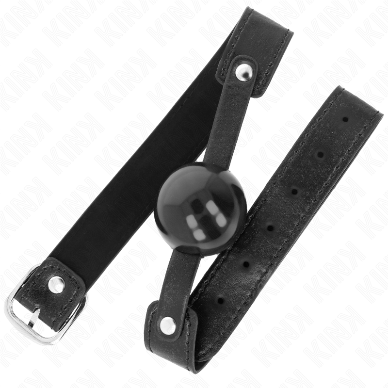 KINK brand soft TPE ball gag, 4 cm diameter, with adjustable strap, black, 65 x 2.5 cm, model 2 for BDSM play.