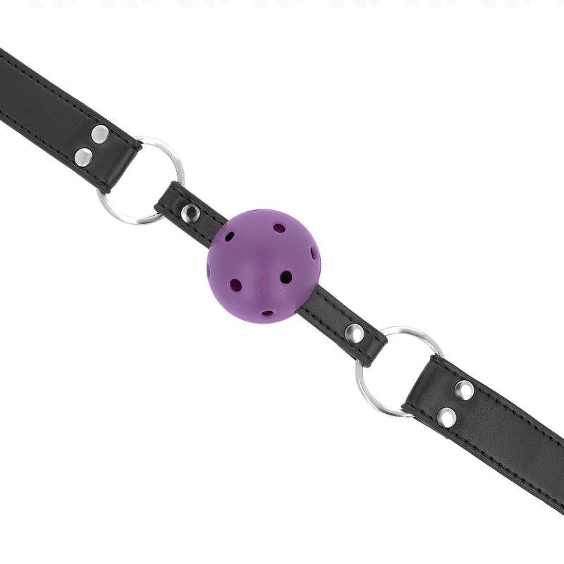 Mordaza de bola transpirable KINK de 4 cm con doble remache morado, ajustable de 42 a 58 cm, para restricción segura.