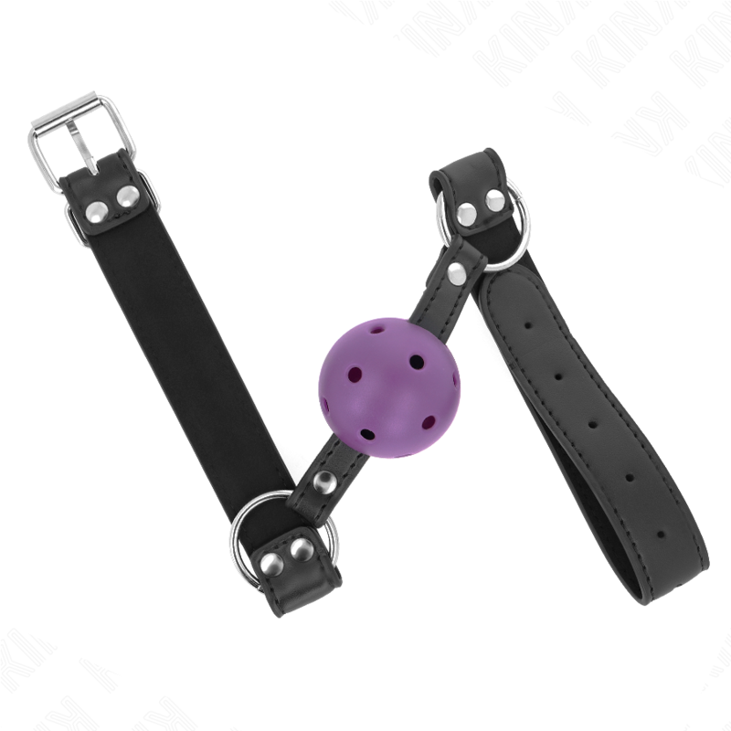 Mordaza de bola transpirable de 4 cm con doble remache morado, ajustable de 42 a 58 cm, de la marca KINK COLLAR & GAG.