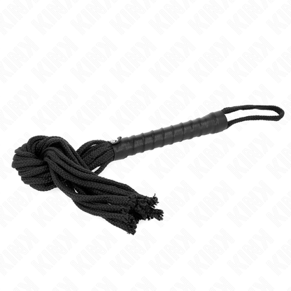 Látigo de cuerda negro de 56 cm de la marca KINK Impact & Touch, con cuerda resistente y agarre cómodo.