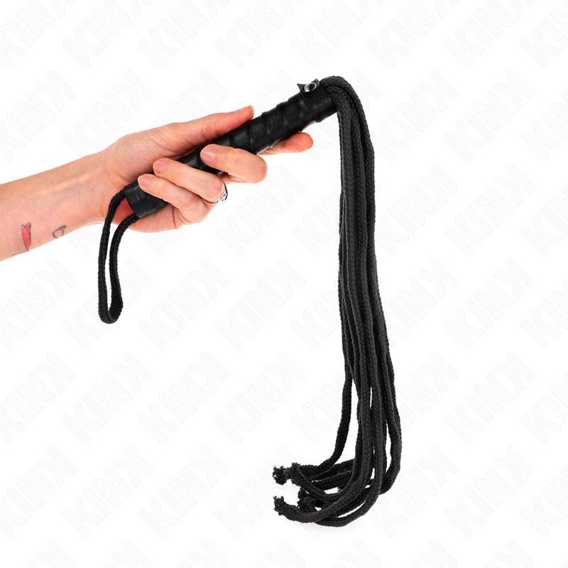 Látigo de cuerda negro de 56 cm de la marca KINK Impact & Touch, con cuerda resistente y diseño elegante para uso personal.