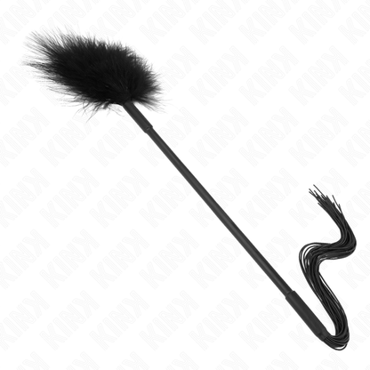 Silicone whip with feathers for teasing, 47 cm long, from KINK Impact & Touch, featuring a sleek black handle and soft feather tips.
