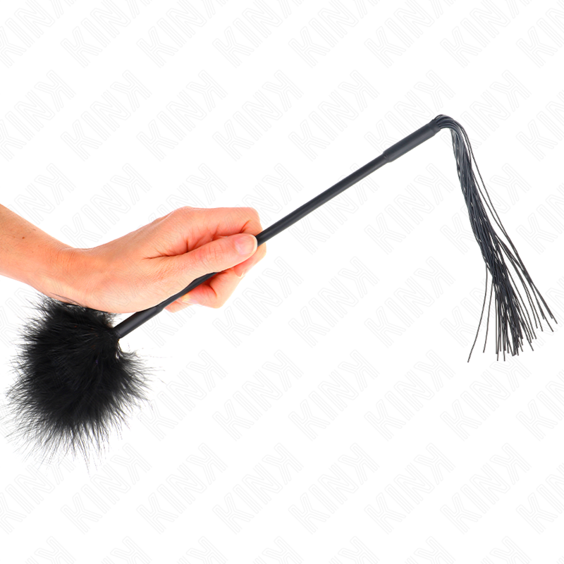 Silicone whip with feathers for teasing and tickling, 47 cm long, from KINK Impact & Touch, shown with soft feather details.