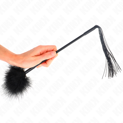 Silicone whip with feathers for teasing and tickling, 47 cm long, from KINK Impact & Touch, shown with soft feather details.
