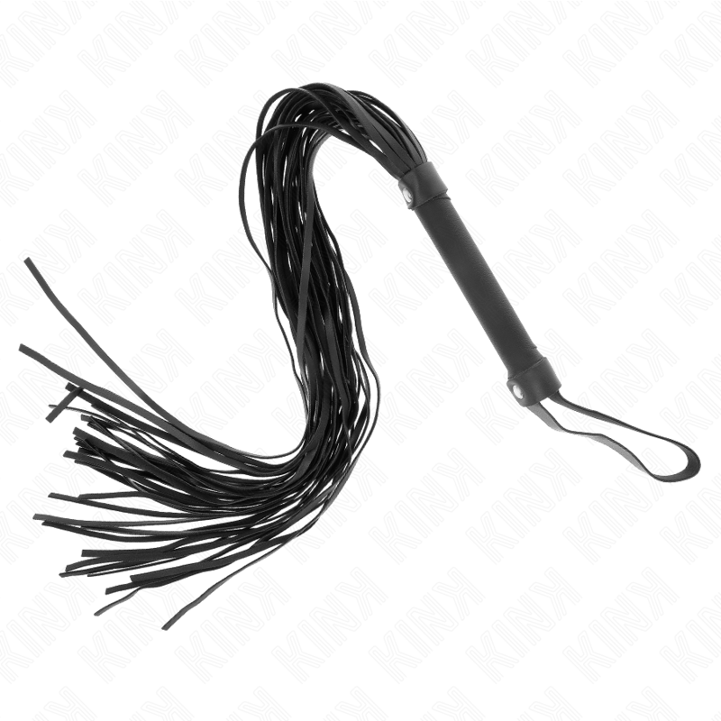 Látigo de piel de oveja imitación de 60 cm de la marca KINK IMPACT & TOUCH, con cuerda y mango en la imagen.