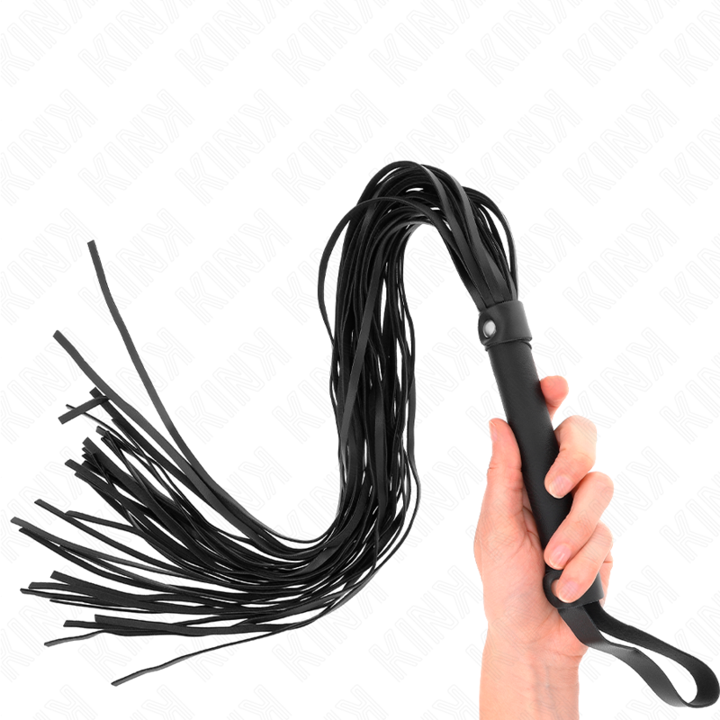 Látigo de piel de oveja de imitación de 60 cm de la marca KINK Impact & Touch, con cuerda y asa en la imagen.