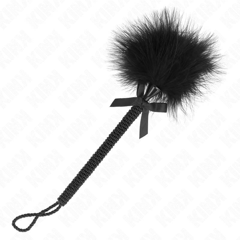 Masajeador de cuerda de nailon con plumas y lazo negro de 25 cm, marca KINK Impact & Touch, para cosquillas y relajación.