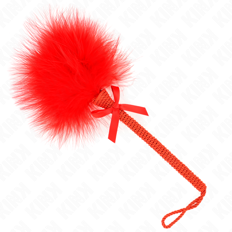 Masajeador de cuerda de nailon con plumas y lazo rojo de 25 cm de la marca KINK Impact & Touch, ideal para cosquillas y relajación.