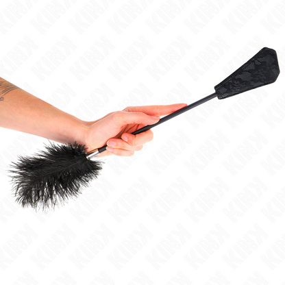KINK feather tickler with lace handle, 56 cm long, featuring soft ostrich feathers for playful teasing.
