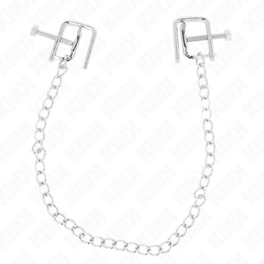 Pinzas para pezones KINK Nipple Grip con compresor de tornillo y cadena de 30 cm, hechas de acero para control y estimulación.