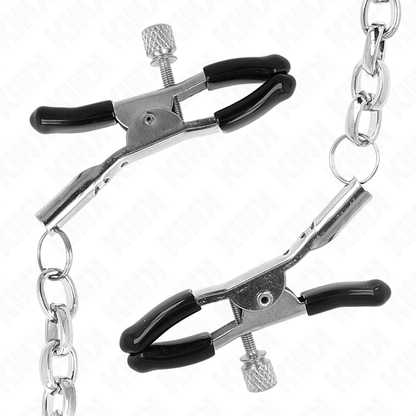 Pinzas para pezones KINK NIPPLE GRIP con cadena gruesa de 30 cm, hechas de acero resistente, visibles en la imagen.