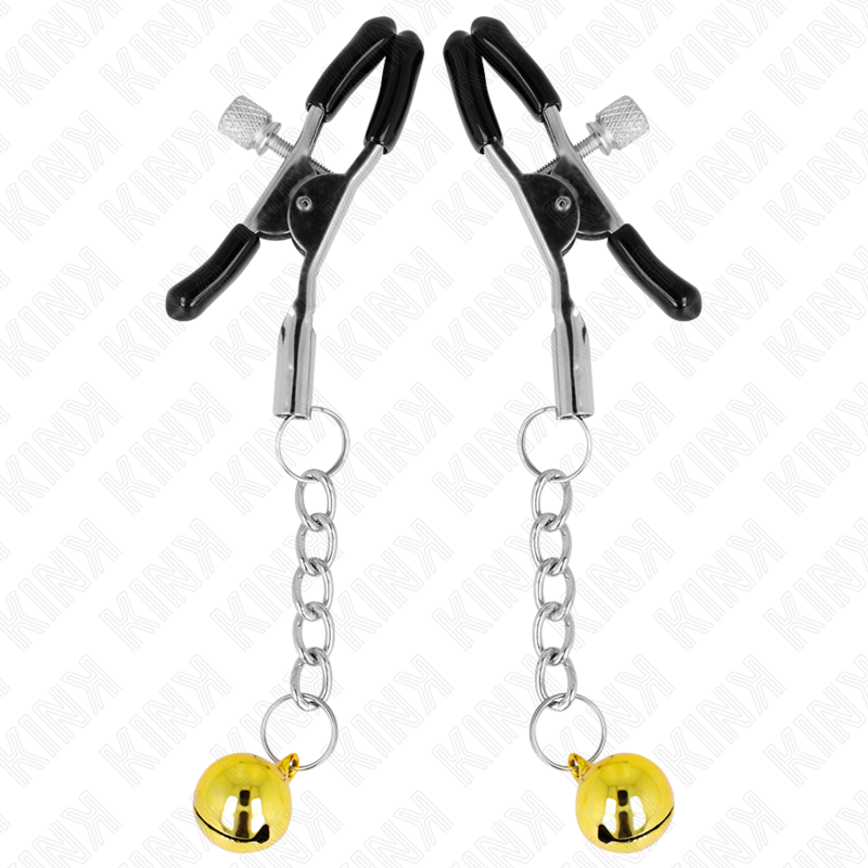 Pinzas para pezones KINK NIPPLE GRIP con colgante de cascabel dorado de 6 cm, diseñadas para estimulación y placer sensorial.