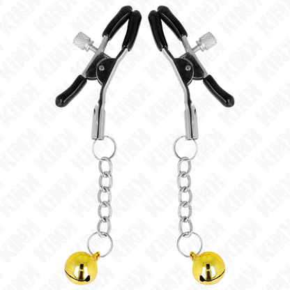 Pinzas para pezones KINK NIPPLE GRIP con colgante de cascabel dorado de 6 cm, diseñadas para estimulación y placer sensorial.