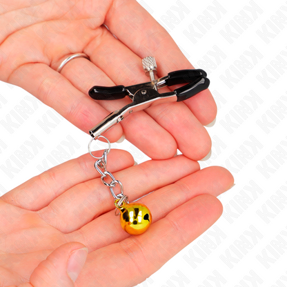 Pinzas para pezones KINK Nipple Grip con cascabel dorado de 6 cm, accesorio para restricción y estimulación sensorial.