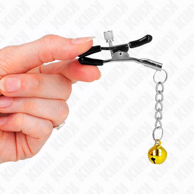 Pinzas para pezones KINK NIPPLE GRIP con colgante de cascabel dorado, 6 cm, accesorios para juegos eróticos y sensibilidad.