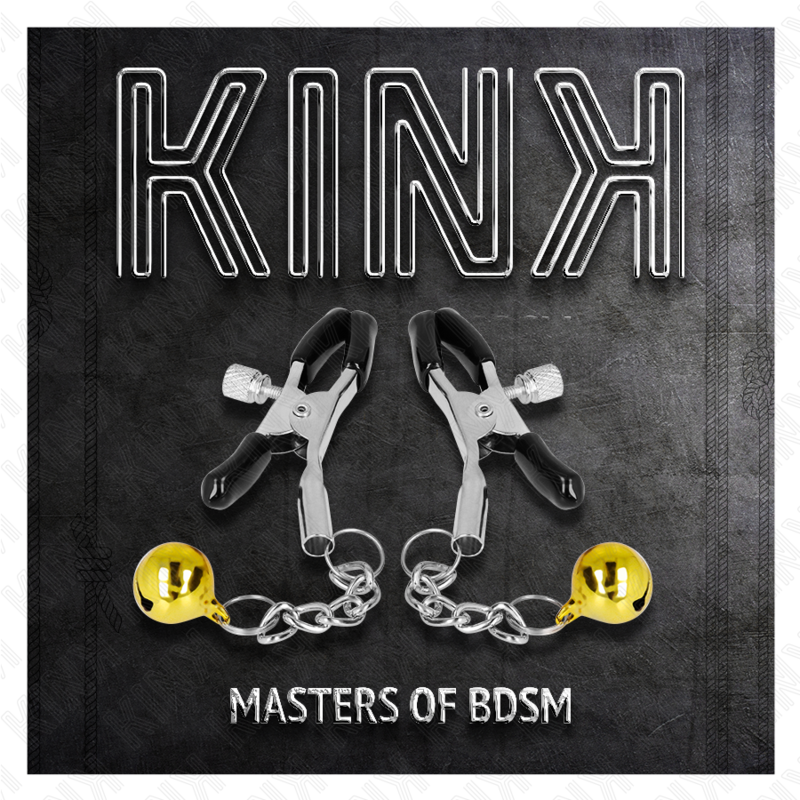 Pinzas para pezones KINK NIPPLE GRIP con colgante de cascabel dorado de 6 cm, diseño para estimulación y sensualidad.