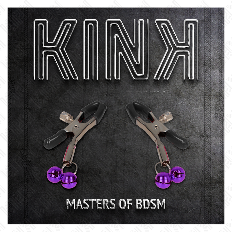 Pinzas para pezones KINK NIPPLE GRIP con doble campanilla violeta, 6 cm, hechas de acero para estimulación sensual.