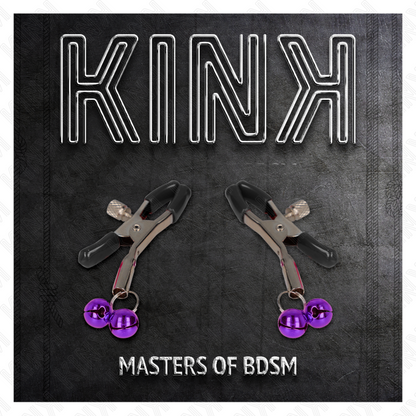 Pinzas para pezones KINK NIPPLE GRIP con doble campanilla violeta, 6 cm, hechas de acero para estimulación sensual.