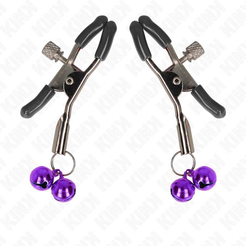 Pinzas para pezones KINK NIPPLE GRIP con doble campanilla violeta, de 6 cm, diseñadas para estimulación y placer sensorial.