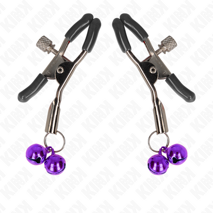 Pinzas para pezones KINK NIPPLE GRIP con doble campanilla violeta, de 6 cm, diseñadas para estimulación y placer sensorial.