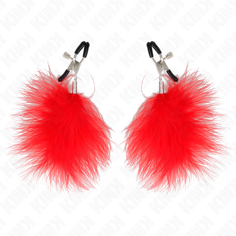 Pinzas para pezones KINK NIPPLE GRIP con pluma roja de 7 cm, diseñadas para estimulación y sensaciones intensas.