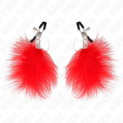 Pinzas para pezones KINK NIPPLE GRIP con pluma roja de 7 cm, diseñadas para estimulación y sensaciones intensas.