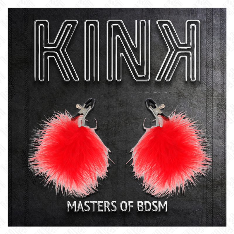 Pinzas para pezones KINK NIPPLE GRIP con pluma roja de 7 cm, diseñada para estimulación y placer sensorial.