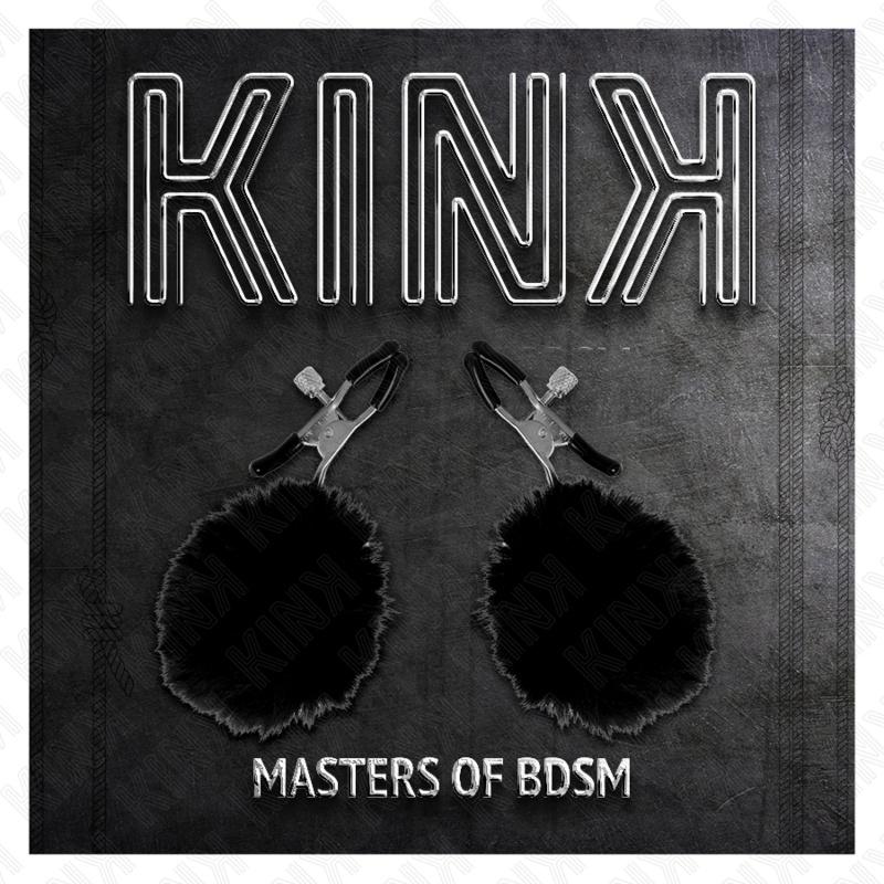 Pinzas para pezones KINK NIPPLE GRIP con pompón negro de 6 cm, accesorios para juegos eróticos y estimulación sensorial.