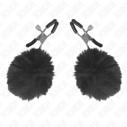 Pinzas para pezones KINK con pompón negro de 6 cm, accesorio de juguete erótico de la marca KINK NIPPLE GRIP.