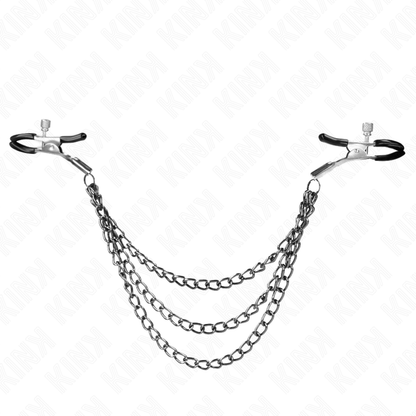 KINK nipple clamps with triple black chain, adjustable lengths of 20, 23, and 28 cm, showcasing a sleek design.