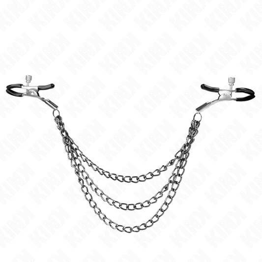 KINK nipple clamps with triple black chain, adjustable lengths of 20, 23, and 28 cm, showcasing a sleek design.