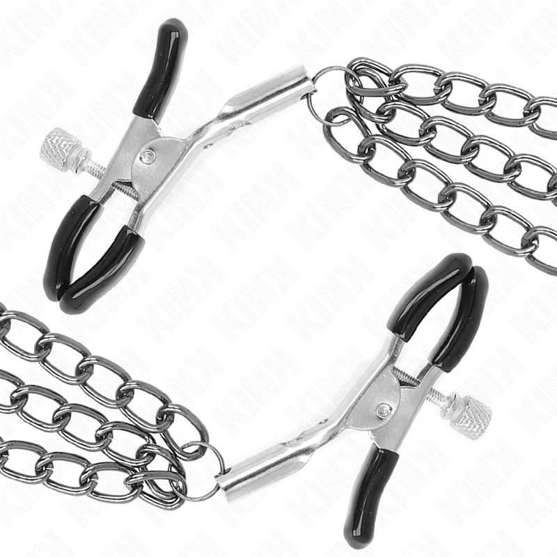 KINK nipple clamps with triple black chain, adjustable lengths 20/23/28 cm, showcasing sleek design and sturdy construction.