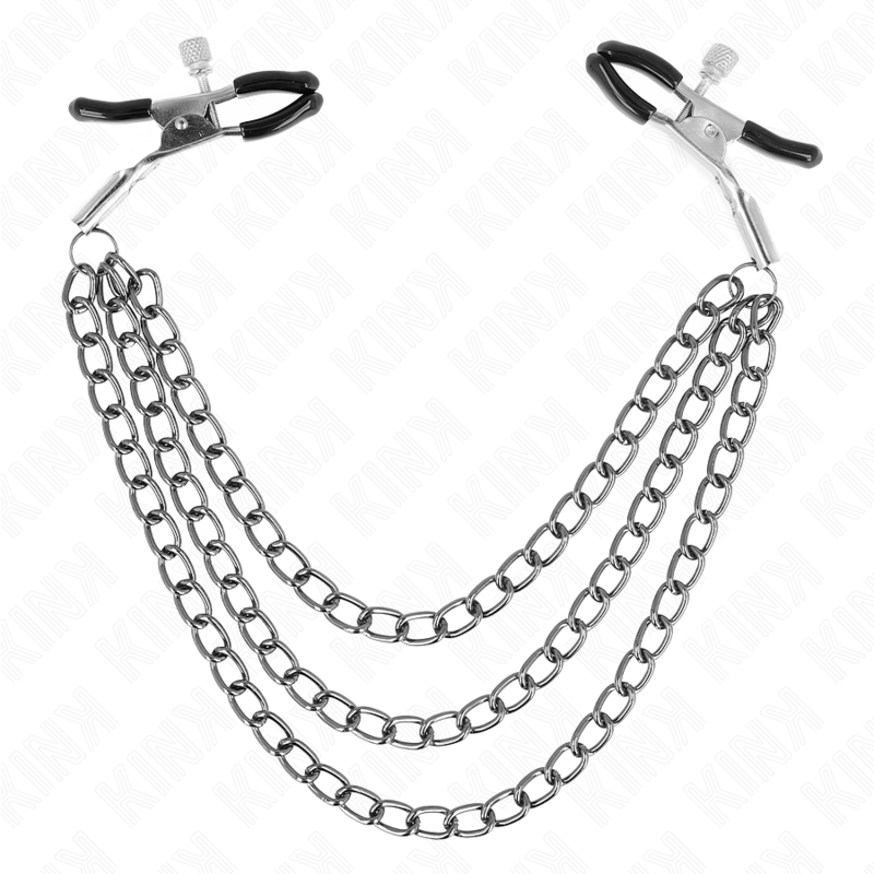 KINK nipple clamps with triple black chain, adjustable sizes 20/23/28 cm, showcasing sleek and stylish design.