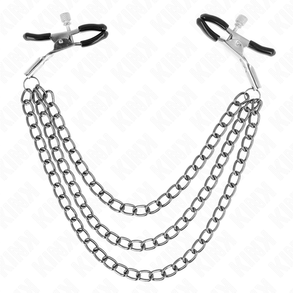 KINK nipple clamps with triple black chain, adjustable sizes 20/23/28 cm, showcasing sleek and stylish design.