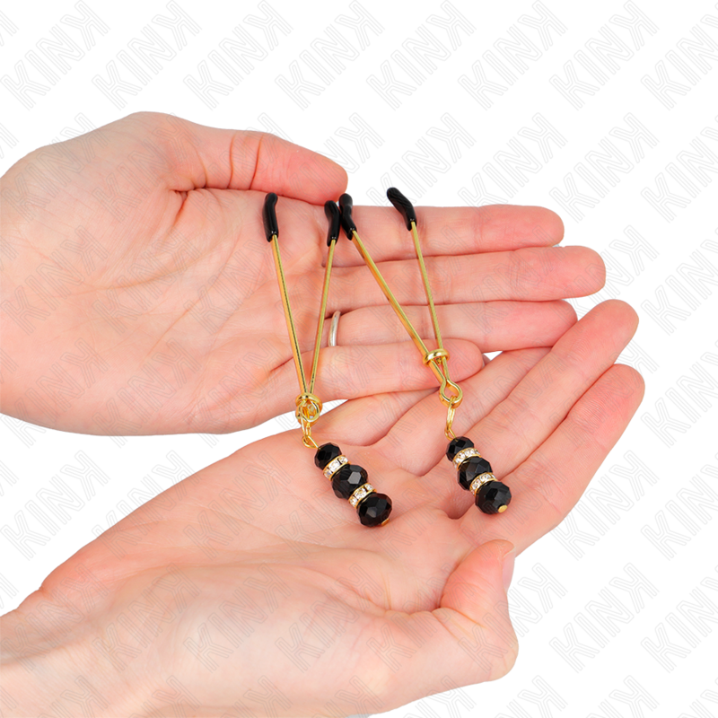 Pinzas para pezones KINK NIPPLE GRIP doradas con triple bola de vidrio negro, de 7 cm, diseño delicado y elegante