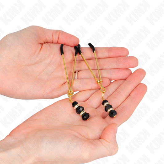 Pinzas para pezones KINK NIPPLE GRIP doradas con triple bola de vidrio negro, de 7 cm, diseño delicado y elegante