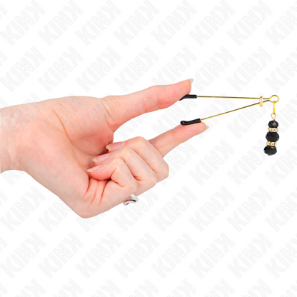 Pinzas para pezones KINK NIPPLE GRIP doradas con triple bola de vidrio negro, 7 cm, para estimulación y placer.