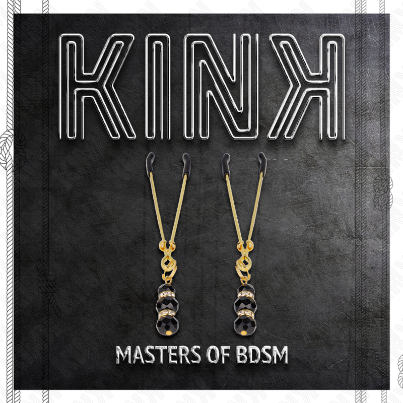 Pinzas para pezones KINK NIPPLE GRIP doradas con triple bola de vidrio negro, 7 cm, para estimulación y juego sensorial.