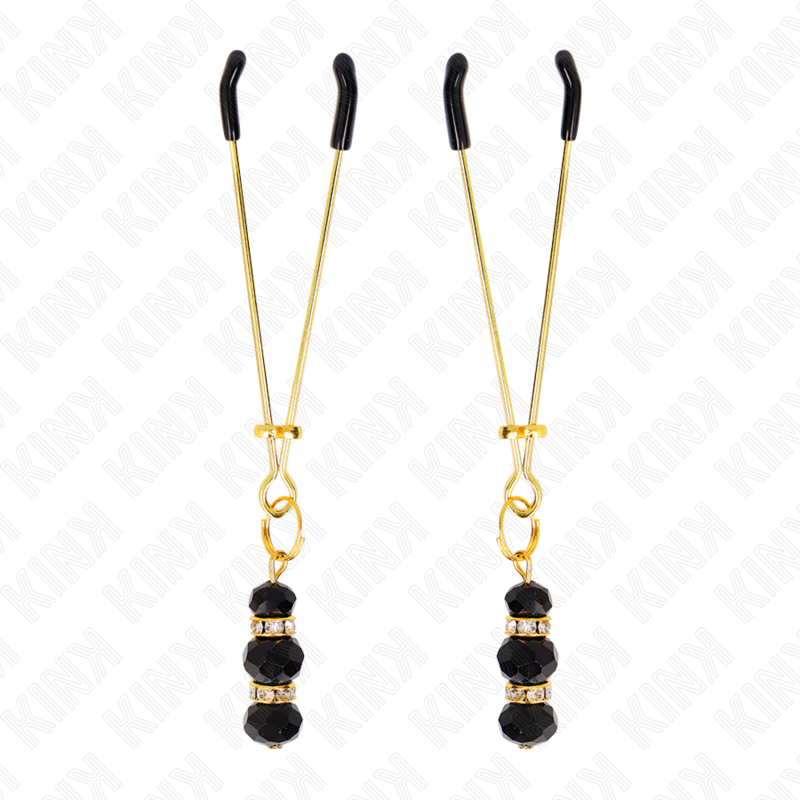 Pinzas para pezones KINK NIPPLE GRIP doradas con triple bola de vidrio negro, 7 cm, accesorios para juegos sensuales.