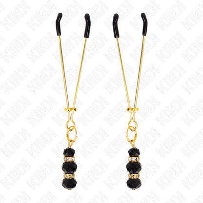 Pinzas para pezones KINK NIPPLE GRIP doradas con triple bola de vidrio negro, 7 cm, accesorios para juegos sensuales.