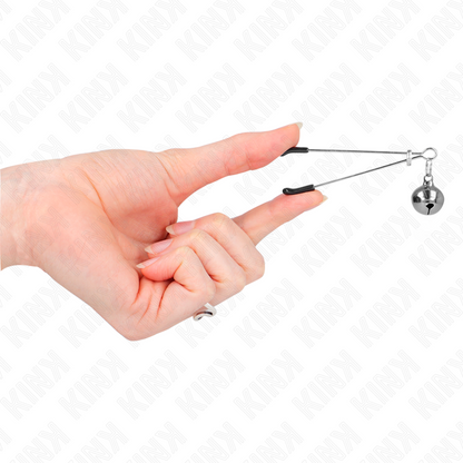 Pinzas para pezones KINK NIPPLE GRIP con cascabel plateado, 7 cm, diseño delicado y ajustable para estimulación sensorial.