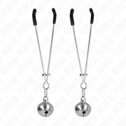 Pinzas para pezones KINK NIPPLE GRIP de 7 cm con cascabel plateado, hechas de metal para estimulación sensorial.
