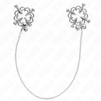Pinzas para pezones KINK NIPPLE GRIP con diseño de flor metálica y cadena, hechas de acero inoxidable, para estimular y decorar.