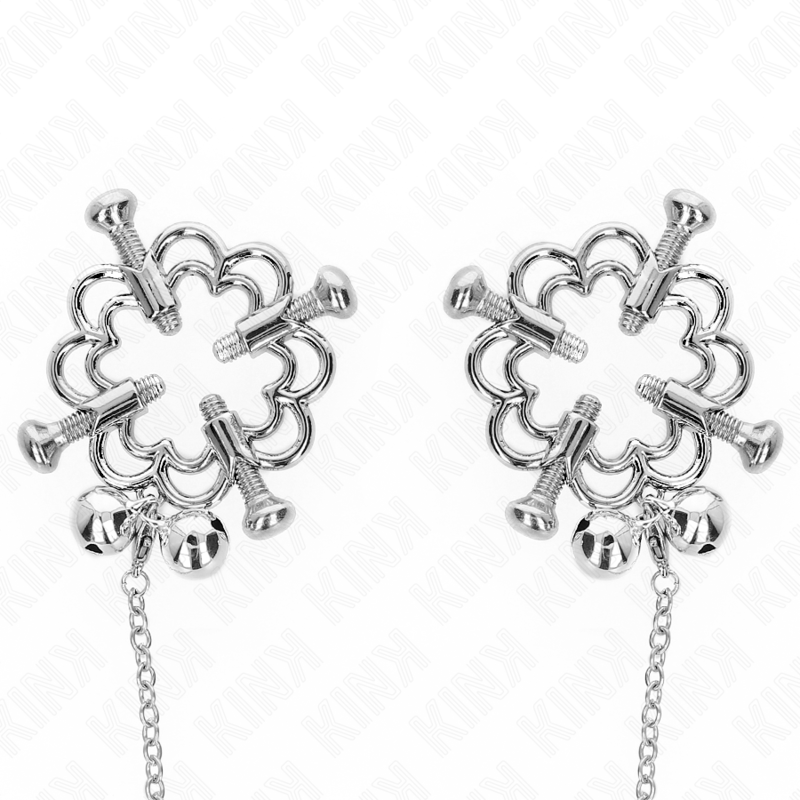 Pinzas para pezones KINK con flor metálica y cadena, hechas de acero, diseñadas para estimulación y placer sensorial.