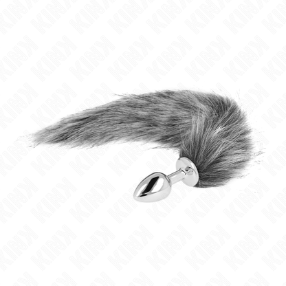 Silver KINK anal plug size S, 7 x 3 cm, with a 40 cm synthetic tail, showcasing its sleek design and texture.