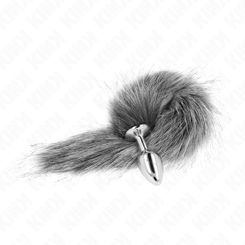 Silver KINK anal plug size S with synthetic tail, measuring 7 x 3 cm and a 40 cm tail, displayed on a neutral background.