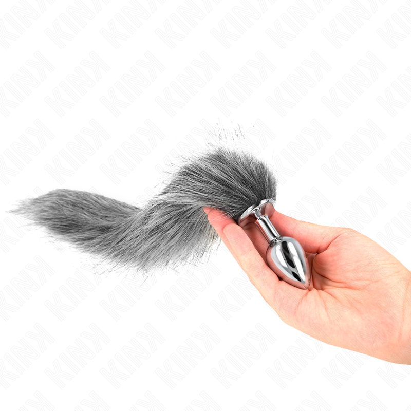 KINK anal plug size S with 7x3 cm dimensions and 40 cm synthetic tail in a shiny silver finish.